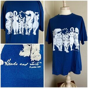 VTG 80s Linda Lori Heads & Tails Cat Shirt W’s XL Blue Short Sleeve USA Made